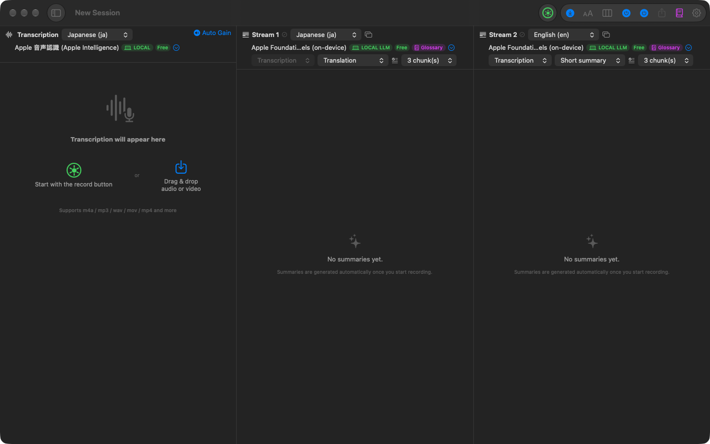 Otonota before recording. The transcript column offers two ways in: the record button, and dragging and dropping an audio or video file.
