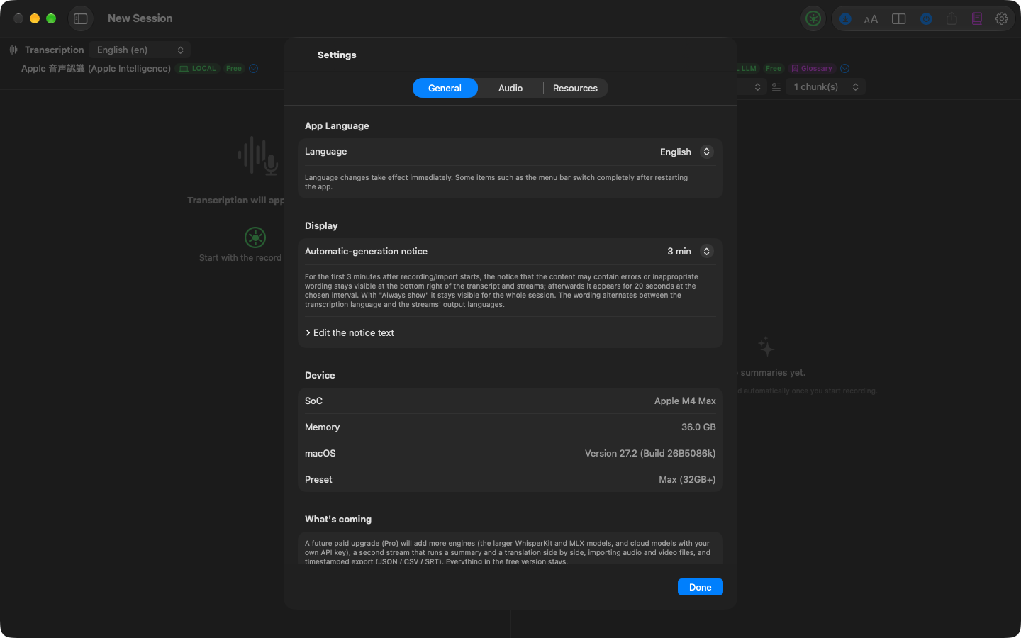 The General tab of Settings: app language, disclaimer interval, device info, and what’s coming